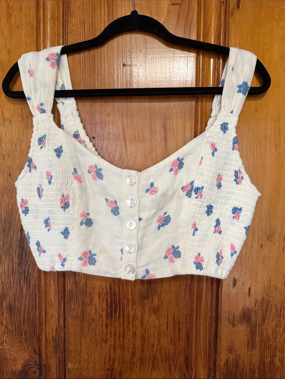 Free People White Smocked Floral Button-Front Crop Top with Pink & Blue Flowers